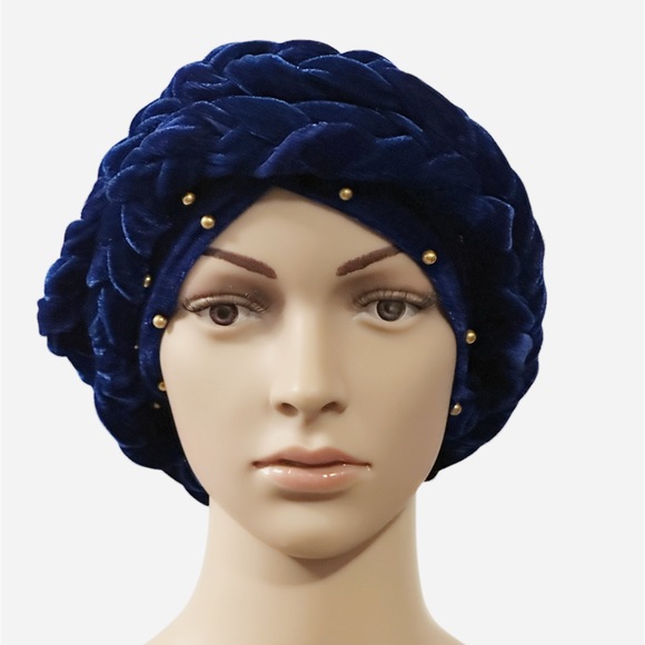 Blue Velvet Hat Ladies Beads Head Wrap Fashion Headscarf - Picture 3 of 5